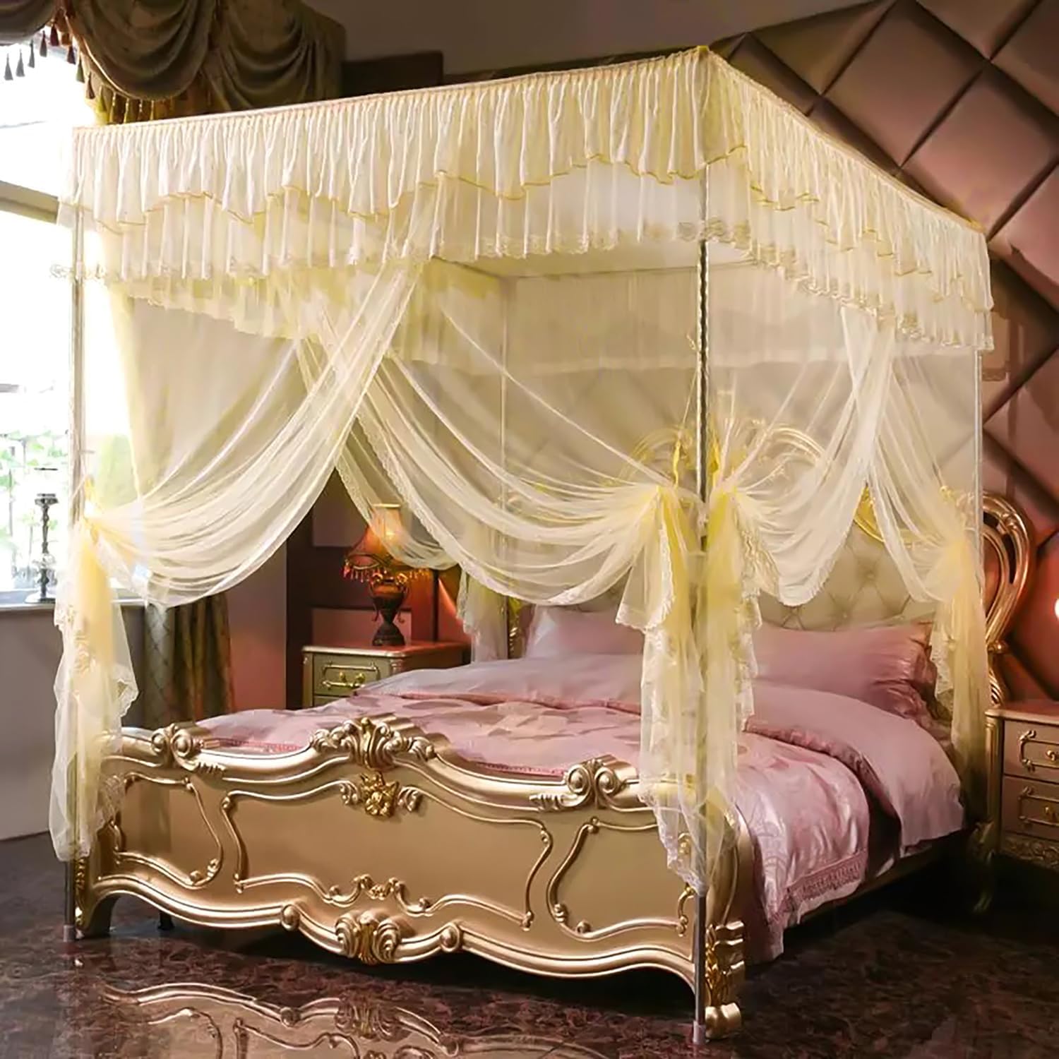 NKM Stainless Steel Adjustable Canopy Bed Frame, Suitable for Twin,Full,Queen, King and California King Size, Thicken Bed Frame Bracket for Metal Bed or Wood Bed Mosquito Curtains Bedroom Decor