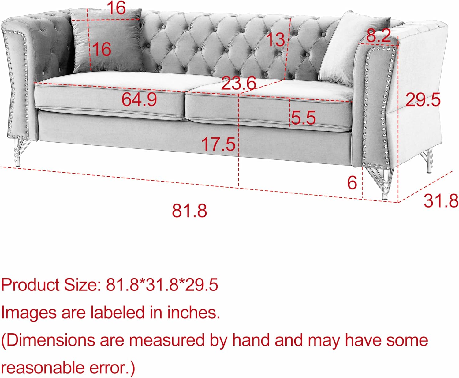 3-seater + 2-seater Combination Sofa Tufted Couch with Rolled Arms and Nailhead for Living Room, Bedroom, Office, Apartment, four pillows (Black)