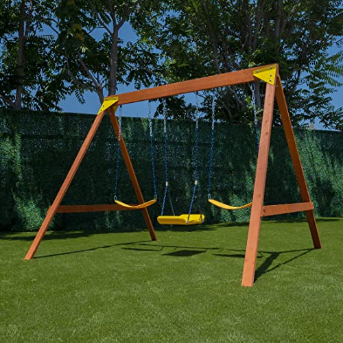Sportspower Amazon Exclusive Olympia Wood Swing Set with 3 Swings, Slide, and Monkey Bars, Natural/Green with 8' Slide