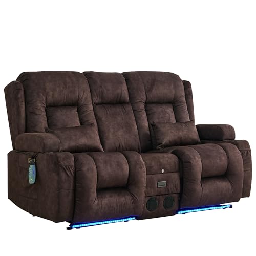 TUNYI Power Recliner Chair with Massage & Heat, Faux Leather Recliner Sofa Chair with LED Light, Home Recliner Theater Seating with USB Port/Lumbar Pillow/Cup Holder/Side Pocket (Brown, 1PC)