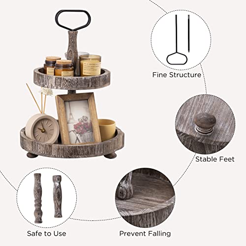 Farmhouse Two Tiered Wooden Tray Stand, UBTKEY 2 Tier Wood Round Decorative Tray with Metal Handle for Home Kitchen Seasonal Holiday Decorations, 17