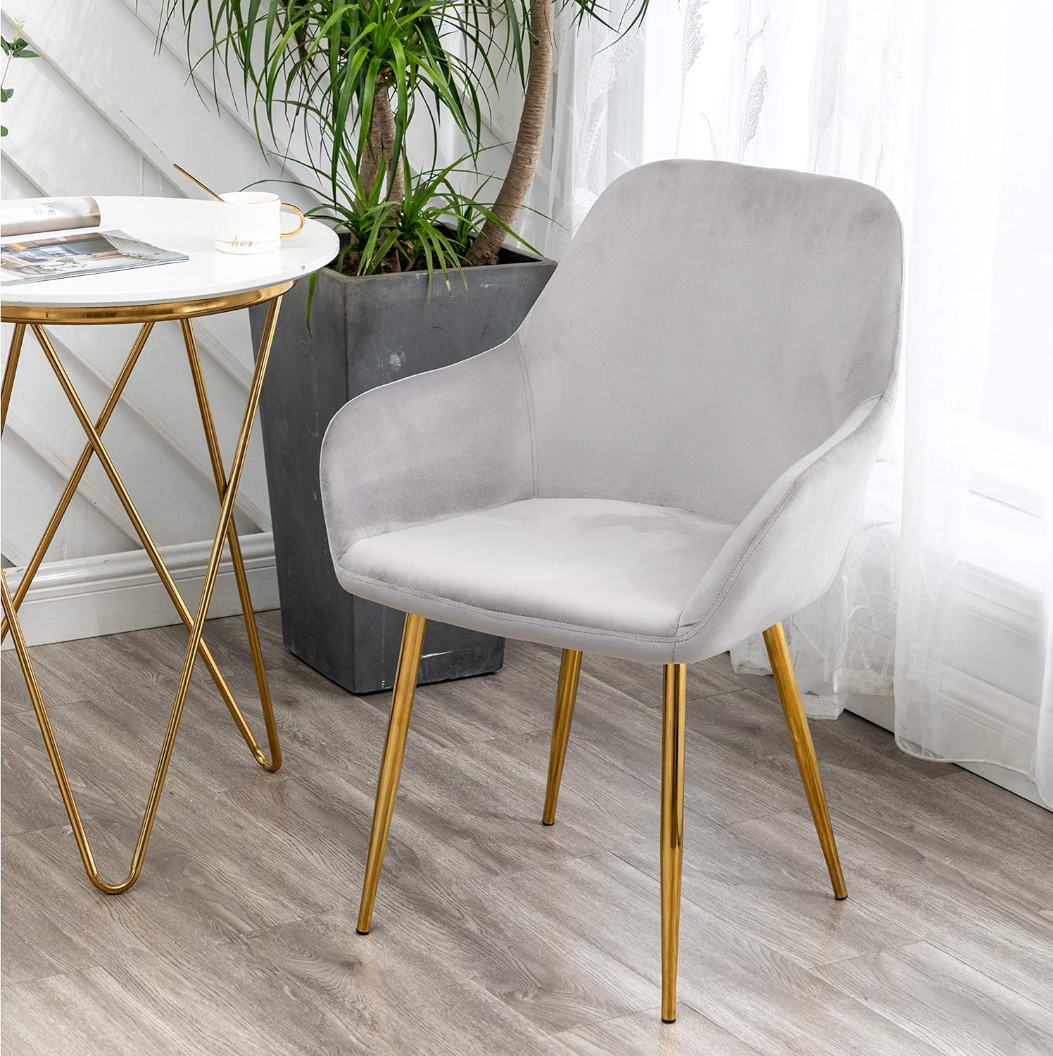 BTEXPERT Modern Golden Leg Dark Mid-Back accent chairs for living room set of two, Gray Velvet Leisure Armchair with Gold Plating Legs upholstered Dining Room Chair