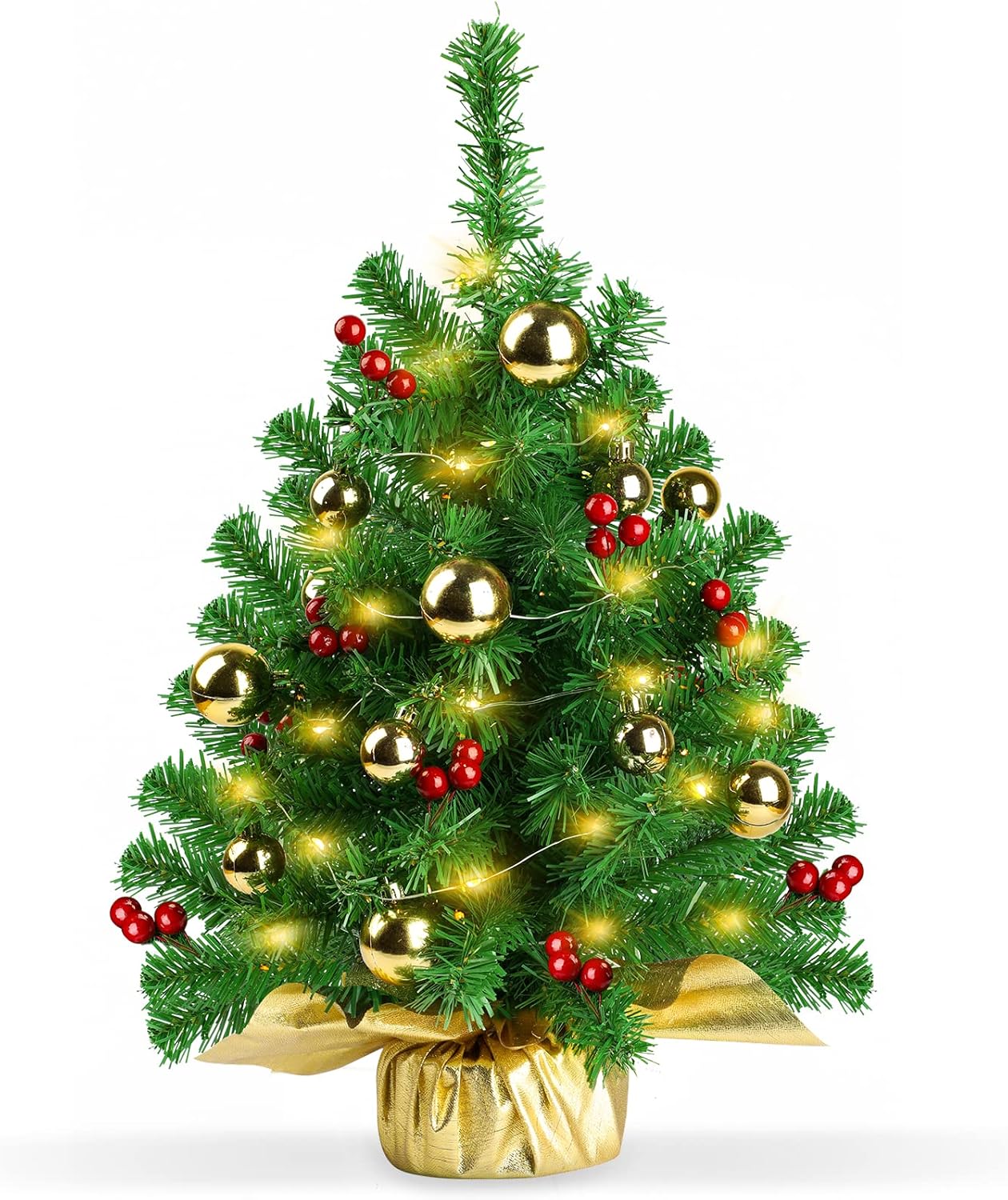 Small Table top Christmas Tree, Artificial Prelit Mini Christmas Tree 22inch Decorated with Warm Yellow LED Lights, Gold Ornaments, Red Berries and Cloth Bag Base