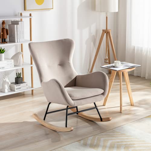Rocking Chair Nursery, Modern Accent Rocking Chair with High Backrest, Comfy Glider Chair with Thick Padded Seat, Velvet Armchair Tufted Wingback Comfy Rocker Chair for Living Room Bedroom,Beige Teddy