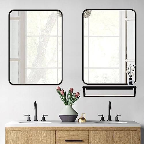 Bathroom Vanity Mirror 16'' x 24'' Wall Decorative with Shelf Rack Metal Frame Made Hanging Home Basics Rectangular Style for House Shower Mirror Rustic, Black