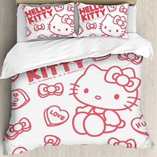Pink Black Hello Cat Kitty 3pcs Bedding Set，Comforter Duvet Cover Set Twin Full Queen King Size Quilt Cover for Adults Teens Bedroom Decoration