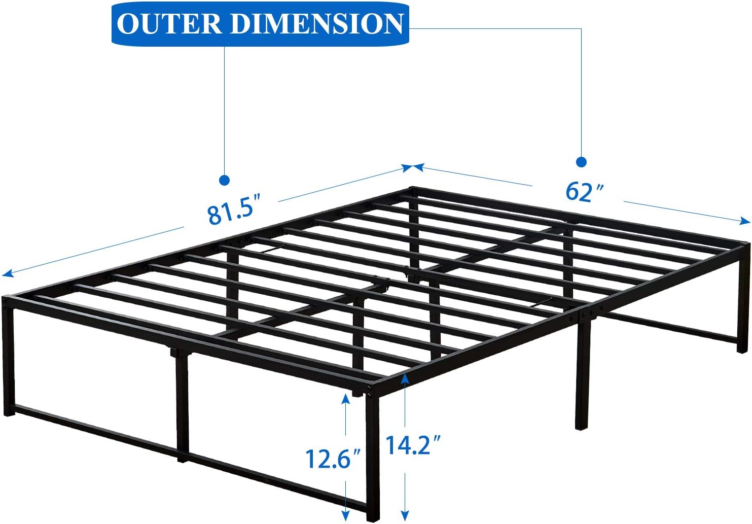 VECELO 14 Inch Bed Frame/No Box Spring Needed/Mattress Foundation/Steel Slat Support Black (Queen), Metal Platform A