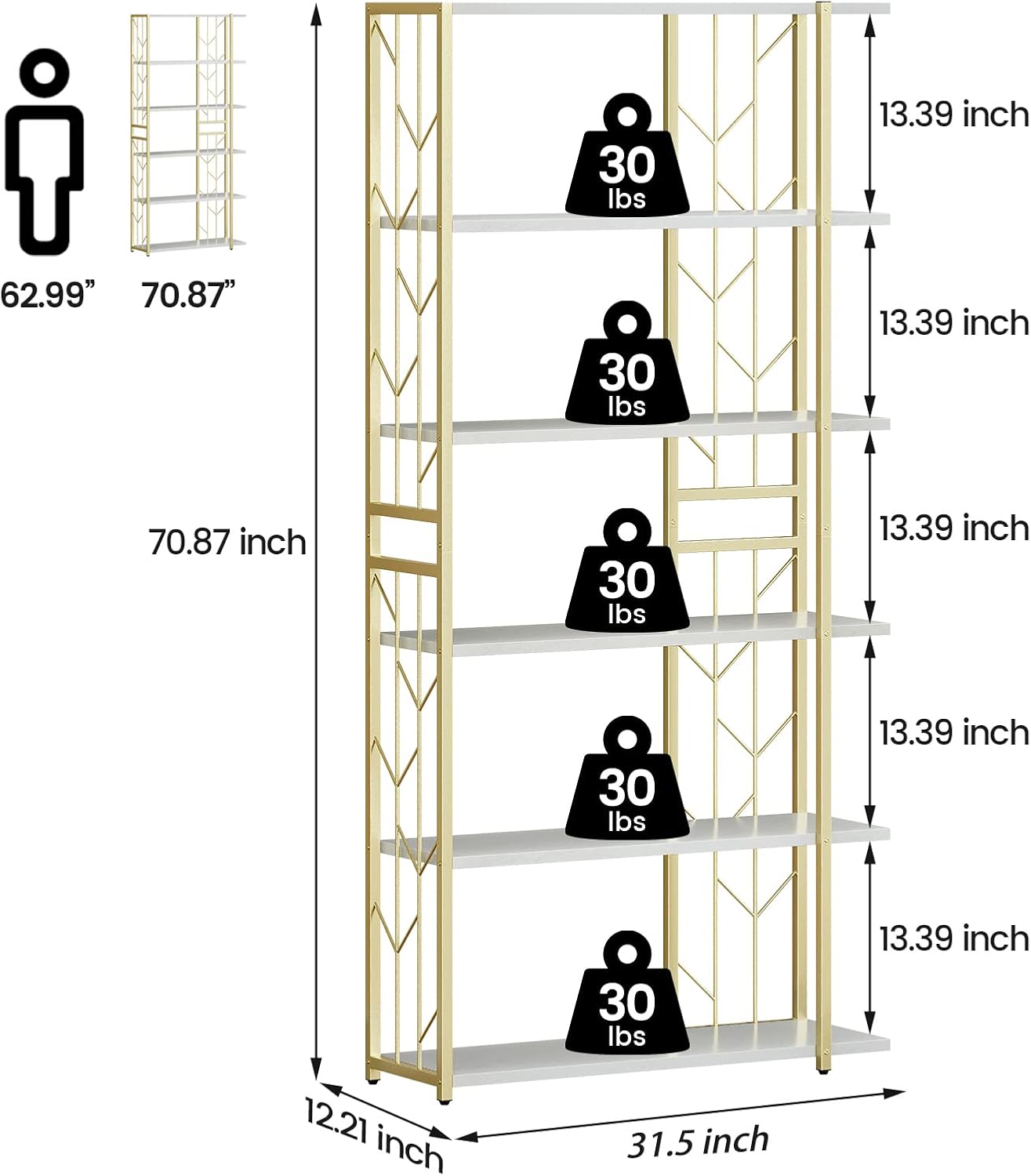 IDEALHOUSE Modern Bookcase Tall Standing Bookshelf 70.8 inch Storage Rack Shelf with Metal Frame Large Unique Display Racks Elegant Bookshelf for Bedroom, Living Room, Home Office, White/Gold