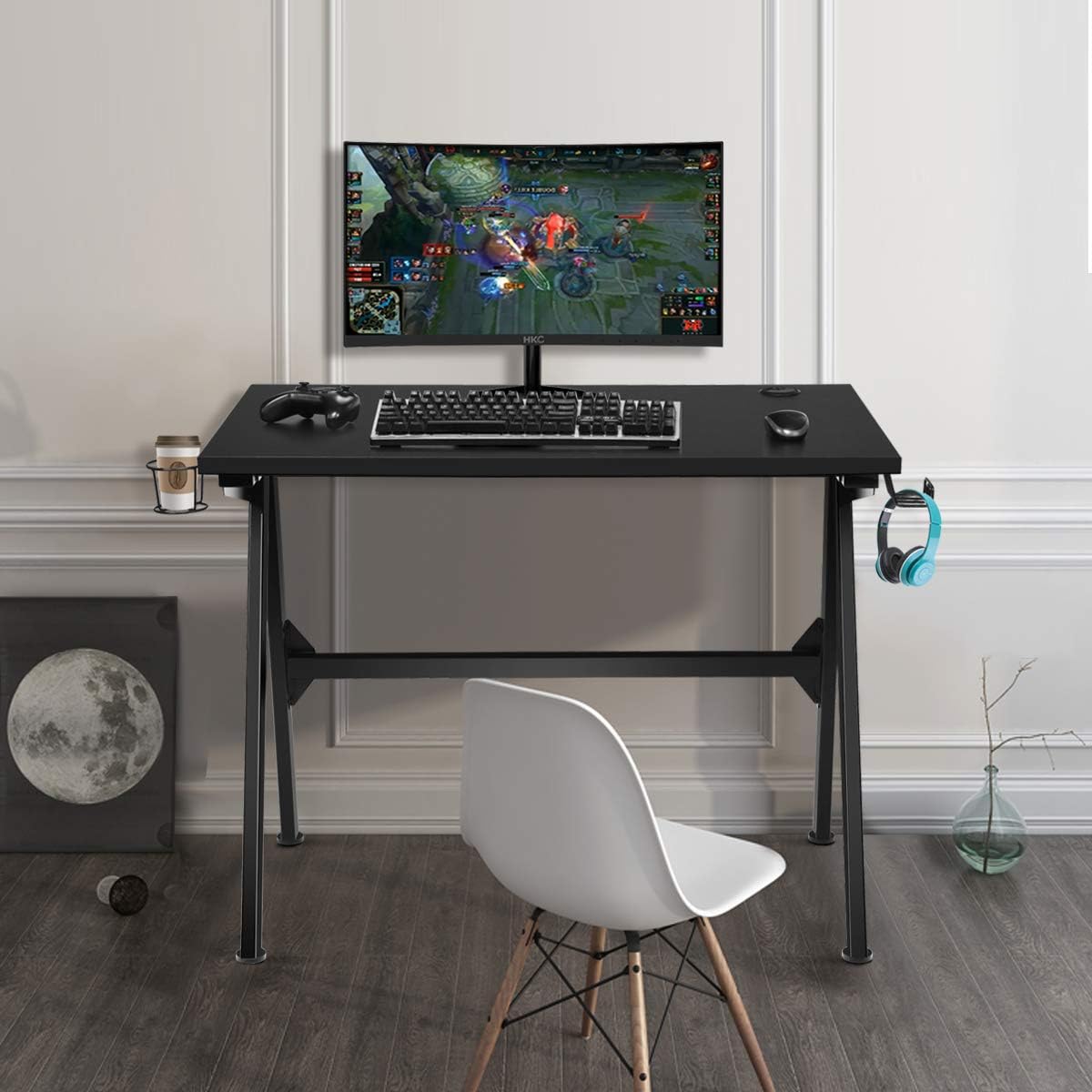 POWERSTONE Gaming Desk - 40 Inch Ergonomic Pc Computer Racing Style Office Desk, Gamer Tables Workstation with Headphone Hook and Cup Holder