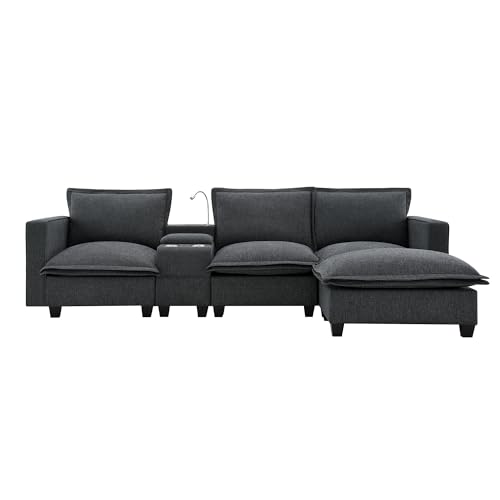 Modern Cloud Shape Sectional Sofa with Console,USB Charging Port,Reading Light,Cup Holder,4 Seat Chenille Modular Couch for Living Room,Apartment,2 Color (sectional Sofas - Grey)