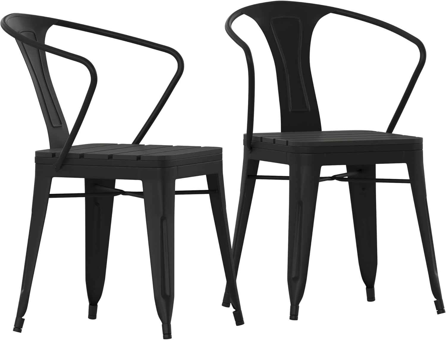 EMMA + OLIVER Hallam Indoor/Outdoor Stacking Chair with Arms - Black Steel Frame - Polyresin Seat and Back - Weather & Rust Resistant - Set of 2