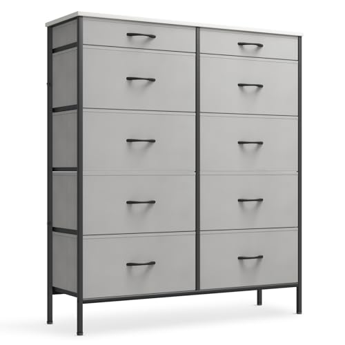 Athena Collection Double Dresser with 10 Drawers, TV Stand Chest of Drawers, Fabric Dresser Organizer with Metal Frame and Wooden Top for Bedroom, Hallway, Entryway, Closet, Nursery, Wooden Grain