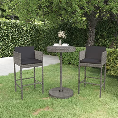 3 Piece Patio Bar Set with Cushions Poly Rattan Gray,Stylish Outdoor Garden Bar Set with Comfortable Cushioned Bar Stools Patio Furniture Sets, Outdoor Furniture Sets