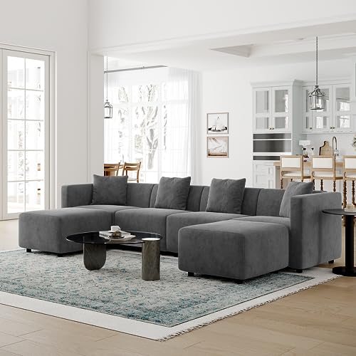 Acanva Convertible Modular Sectional Sofa, Modern Linen-Like Fabric Living Room Furniture Set with Reversible Chaise Lounge, Cream L-Shape Couch