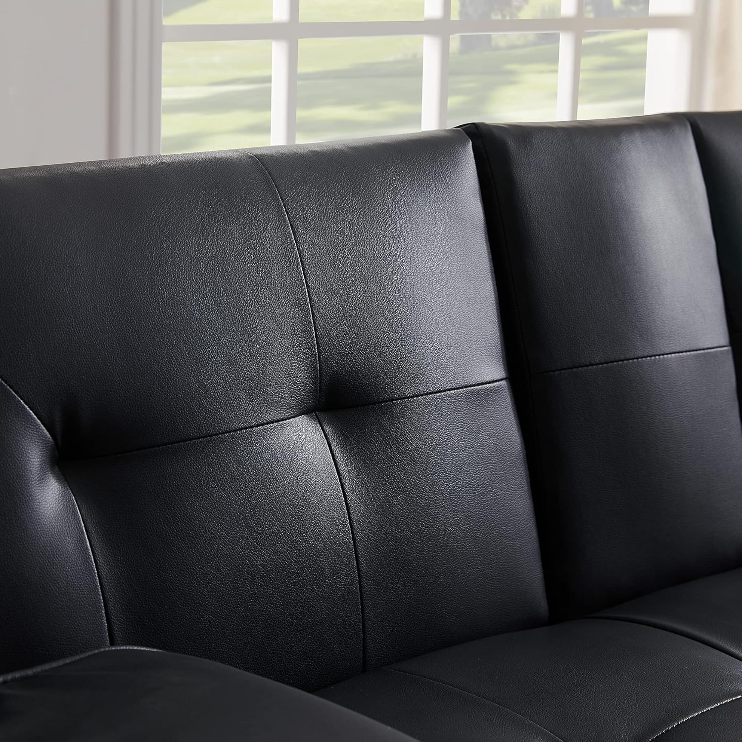 Black Faux Leather Loveseat Sofa Bed with Cup Holders, Convertible Folding Sleeper Couch Bed