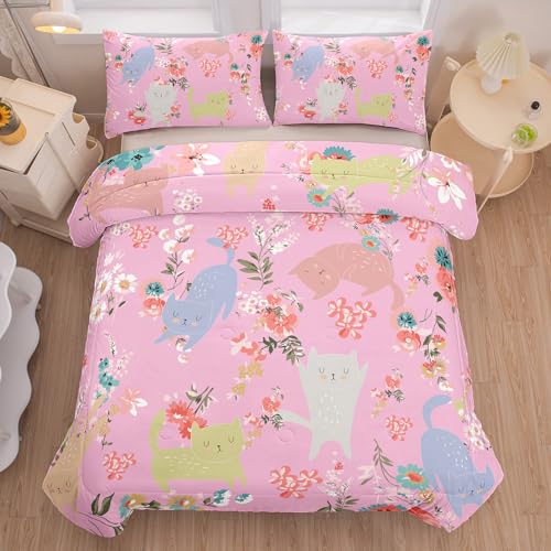 Kawaii Cat Bedding, Cartoon Cat Comforter Twin, Pink Cat Comforter Set for Kids Teens Girls, Girls Comforter Set Twin, Lovely Kitten Print Bed Set （1 Comforter and 1 Pillow Cases）