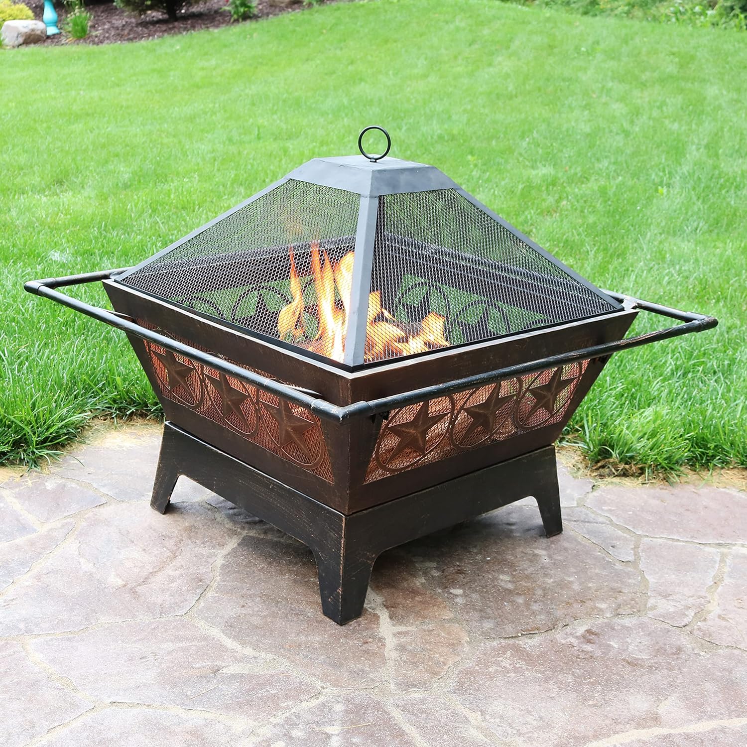 Sunnydaze Northern Galaxy 32-Inch Heavy-Duty Square Fire Pit with Cooking Grill Grate, Spark Screen, and Fireplace Poker