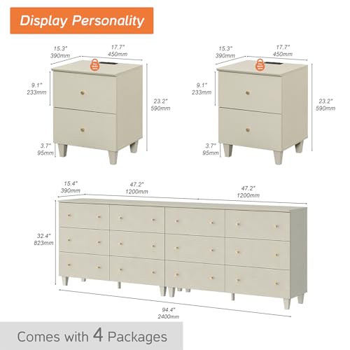 WAMPAT 2-in-1 TV Stand with 12 Drawers for 100+ Inches TVs & Set of 2 End Tables with 2 Drawers and Charging Station for Bedroom, 4 Pieces Modern Wood Living Room Funiture Table Sets, Beige