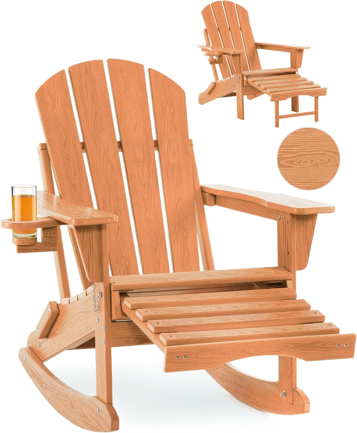 Folding Adirondack Rocking Chair, Patio Chair with Retractable Ottoman and Adirondack Chair Set Teak