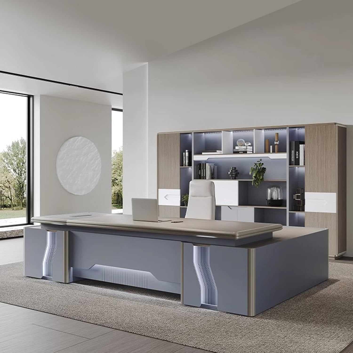 L Shaped Computer Desk with Drawers Cabinet, Modern Large Executive Office Desk Business Furniture Set Workstation for Home Office with USB Power Outlet Storage Cabine