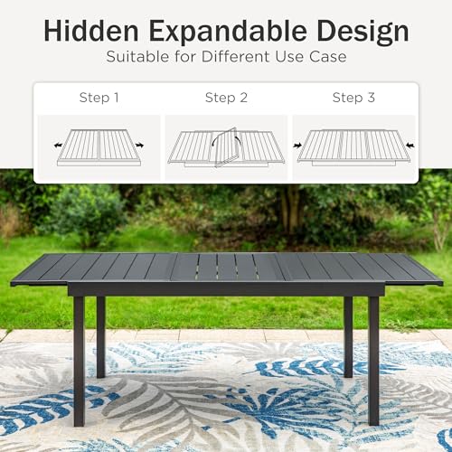 PHI VILLA 9 Piece Outdoor Extendable Dining Set for 8, Expandable Rectangular Metal Dining Table & 8 Rattan Chairs for Patio, Deck, Yard