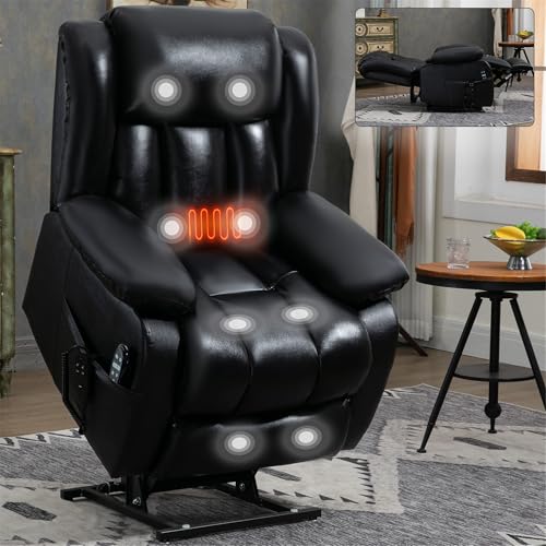 Dual Motor Infinite Position Electric Power Lift Recliner Chair with 8-Point Vibration Massage, Lumbar Heating, and Genuine Leather Upholstery - Supports Up to 350 LBS, Ideal for Elderly (Black)