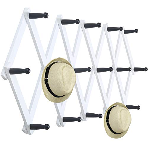 WEBI Accordion Wall Hanger,Expandable Wooden Coat Rack Wall Mounted,Accordion Hat Rack for Wall,Accordion Wall Rack for Hats,Caps,16 Peg Hooks,White