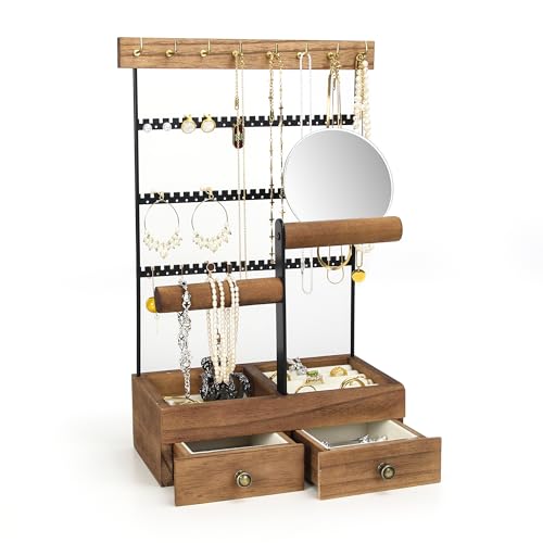 FICTOR Jewelry Holder Organizer Jewelry Stand, Necklace Holder with Mirror Earrings Rings Tray, Bracelet Holder Rustic Display Rack with 9 Hooks, 2 Drawers, 4 Tier