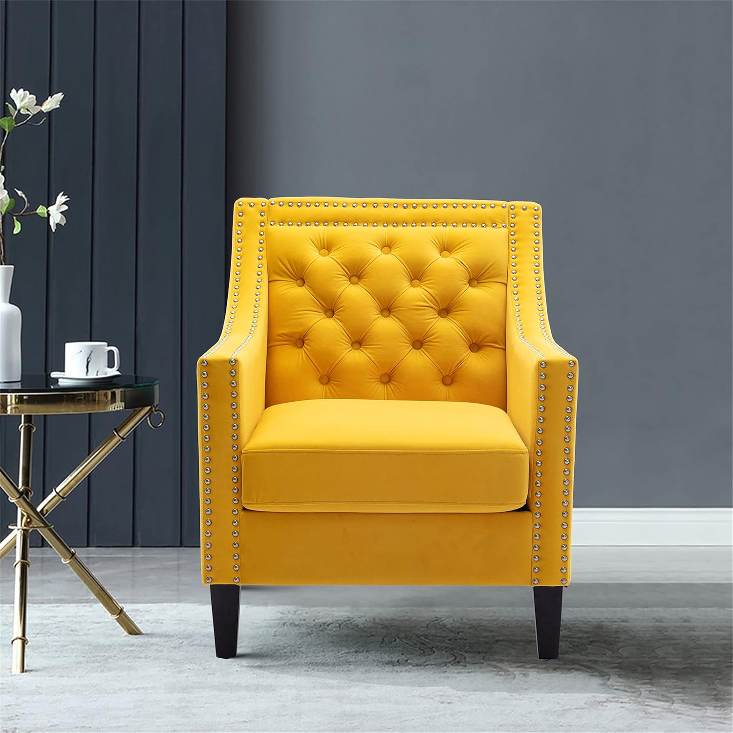 Yellow Velvet Accent Chairs for Living Room- Mid Century Modern Armchair Sofa Chair sillones para sala dormitorio Upholstered Wingback Arm Chair Comfy Reading Chair Bedroom with Wood Legs