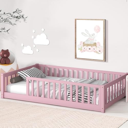 Twin Size Floor Bed with Safety Guardrails and Door and Slats, Montessori Floor Bed Frame for Kids, Wood Montessori Floor Bed for Girls and Boys, Twin-Grey without Door