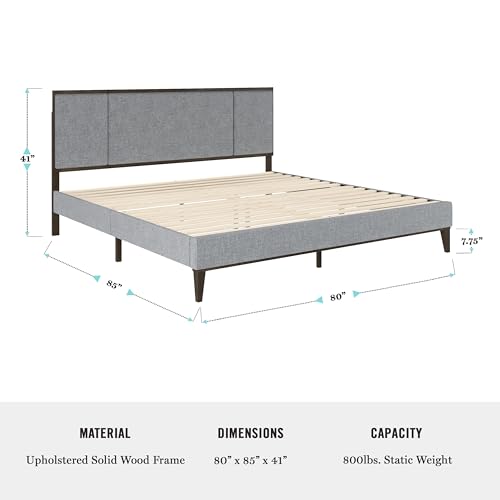 Martha Stewart Jett Platform Bed with Headboard, Fabric Upholstered Inset Headboard and Base, Solid Wood Frame, No Box Spring Needed, Queen, Brown Gray/Gray