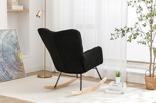 Rocking Chair, Teddy Upholstered Glider Rocker with High Backrest, Padded Seat and Curved Legs for Living Room Bedroom Offices, Ergonomic Tufted Armchair Mid Century Style, Khaki