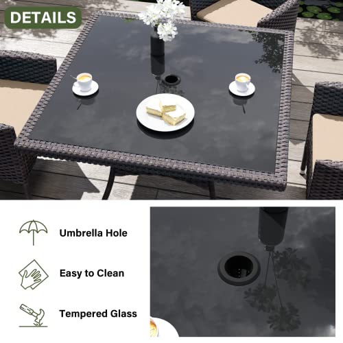 5PCS Patio Outdoor Dining Set, Wicker Patio Furniture Set of 4 Rattan Chairs with Soft Cushions and Square Table with Umbrella Cutout, Navy Blue