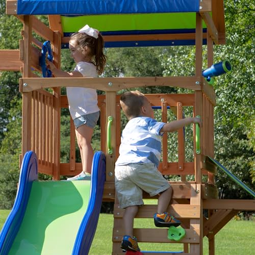 Backyard Discovery Beach Front All Cedar Wooden Swing Set with Monkey Bars, Large Upper Deck with Canopy, Ships Wheel, Play Telescope, Sandbox, Snack Bench, Rock Wall