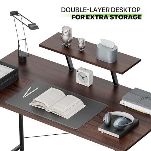 Magshion 47 Inch Computer Desk, Computer Desk with Shelves, Home Office Writing Desk, PC Table withe 2 - Tier, Black Metal Frame, Rustic Brown