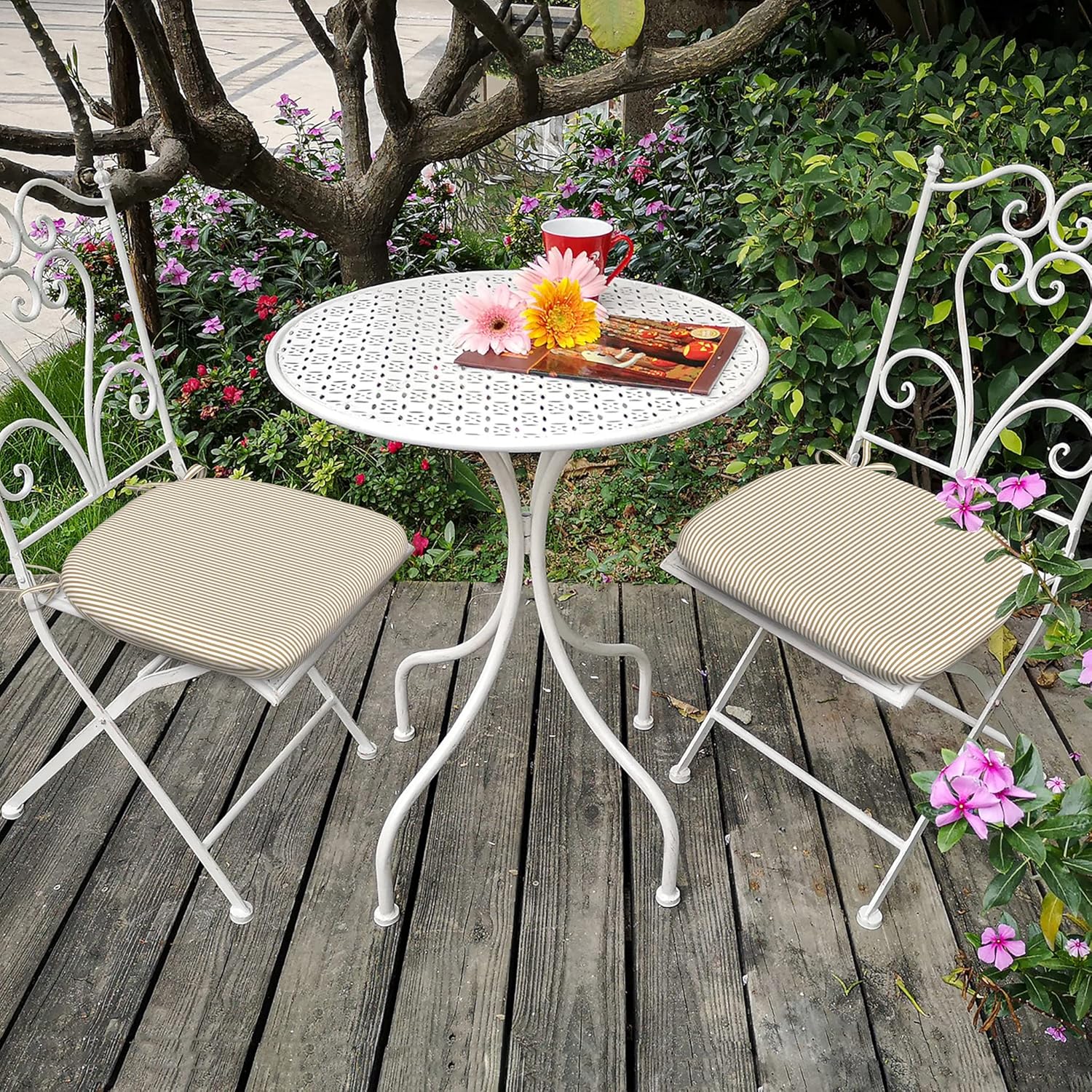 Set of 2, Beige Stripe U-Shape Outdoor Chair Pad