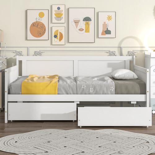 Twin Daybed with Two Drawers, Wood Twin Size Sofa Bed Frame with Wooden Slat Supports, Storage Day Bed for Bedroom, Living Room, White