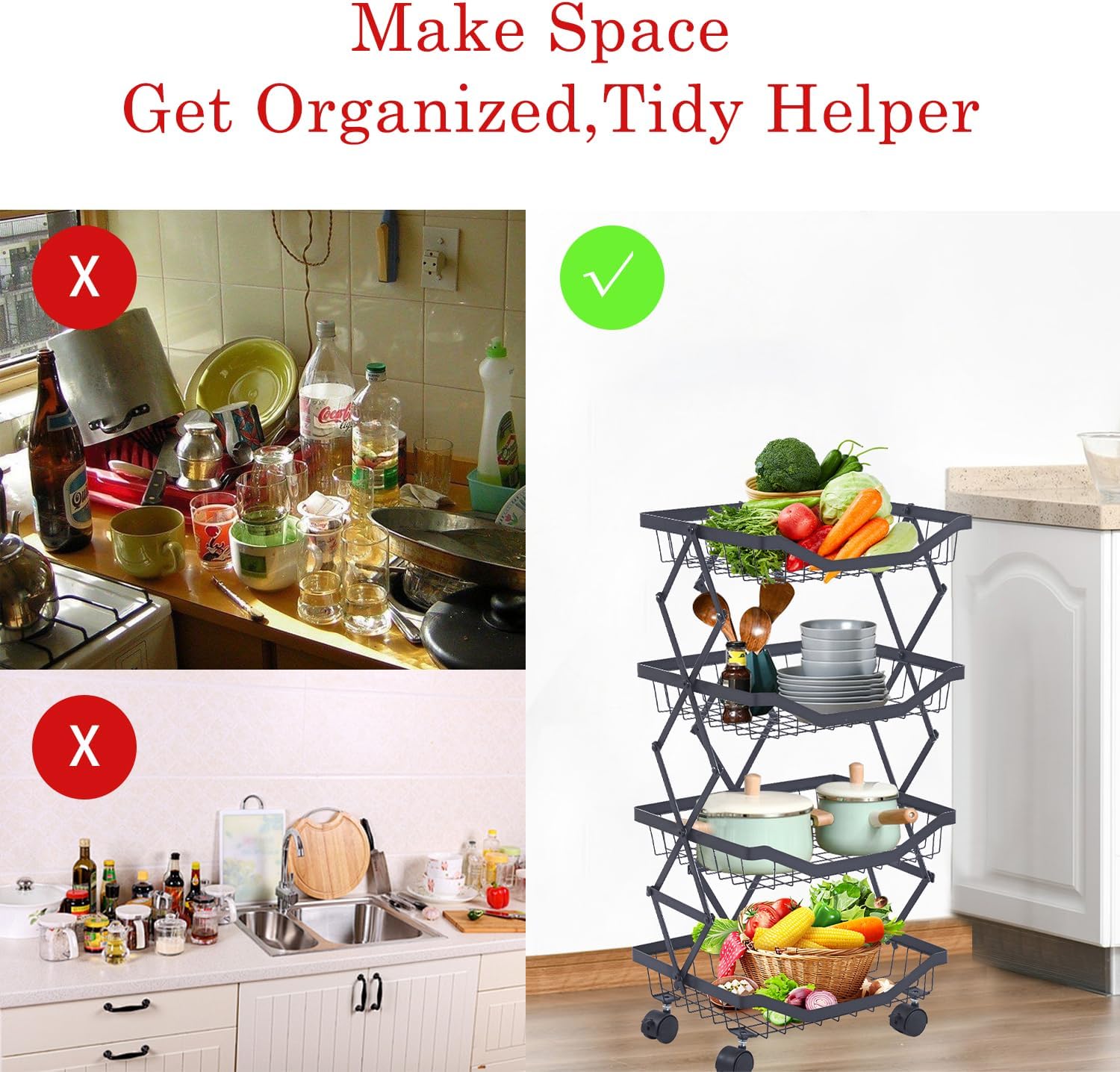 4 Tier Fruit Basket for Kitchen Stackable Metal Wire Fruit Vegetable Basket with Wheels Narrow Corner Rolling Utility Cart for Kitchen, Pantry, Bathrooms, Garage