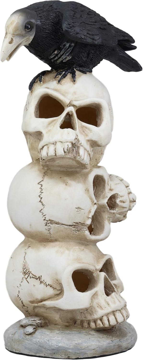 Ebros Gothic Raven Crow Bird Perching On Pole Totem Stacked Skulls with Color Changing LED Night Light Statue 11.75