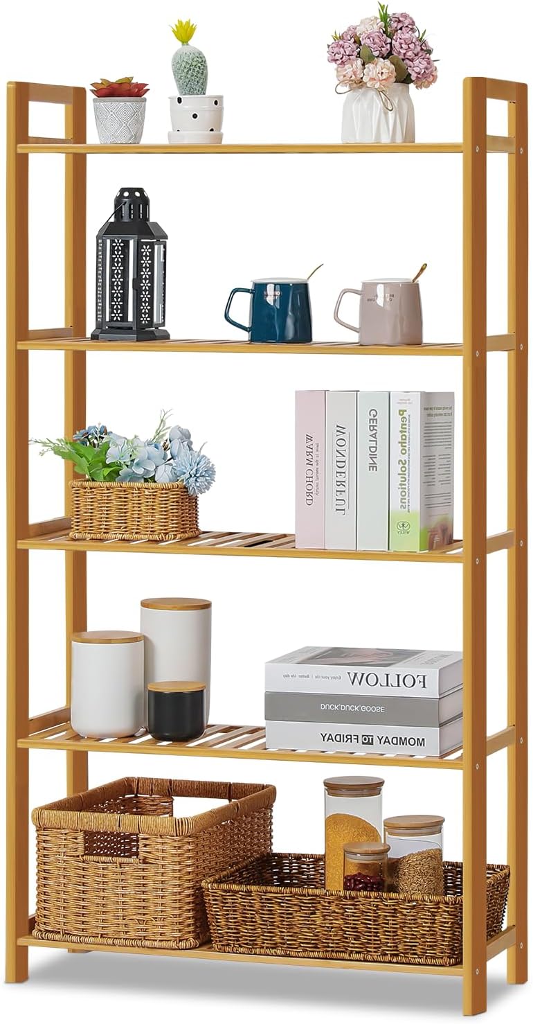 Magshion Bamboo Rack with Handles, Adjustable 5-Tier Free-Standing Shelf for Entryway, Hallway, Office, Bedroom, and Balcony (Natural)