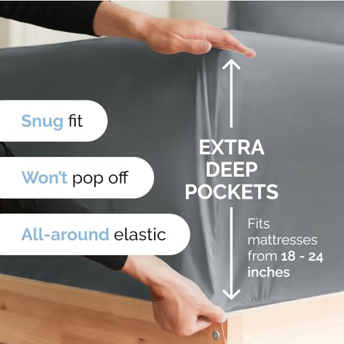 Extra Deep Queen Fitted Sheet - Hotel Luxury Single Fitted Sheet Only - Easily Fits 18 inch to 24 inch Mattress - Soft, Wrinkle Free, Breathable & Comfy Extra Deep Pockets Dark Grey Fitted Sheet