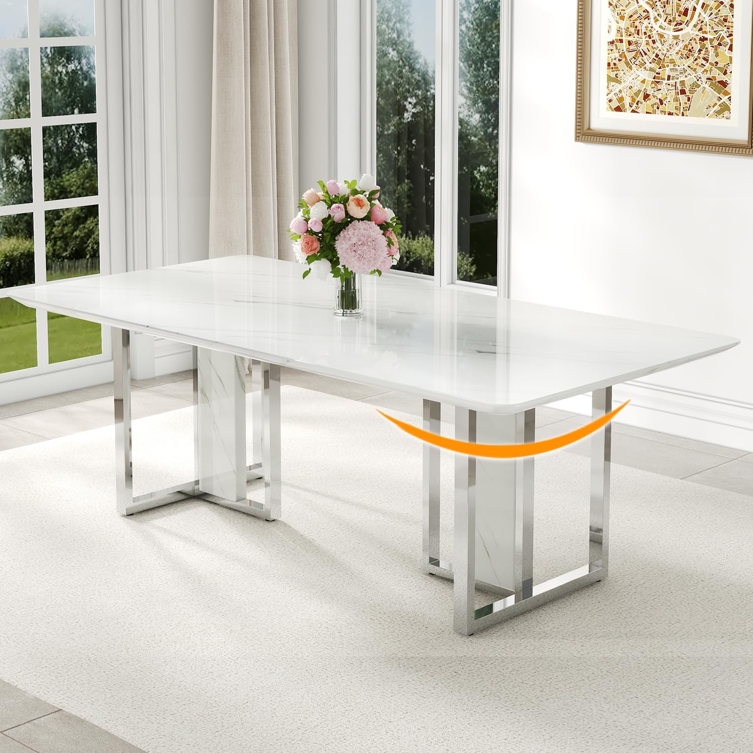 79 Inch Faux Marble Dining Table, White Rectangular Kitchen Dining Table, 1.8 Inch Thick Mid Century Modern Dining Table, Luxury Dining Table for Living Room Kitchen, Office