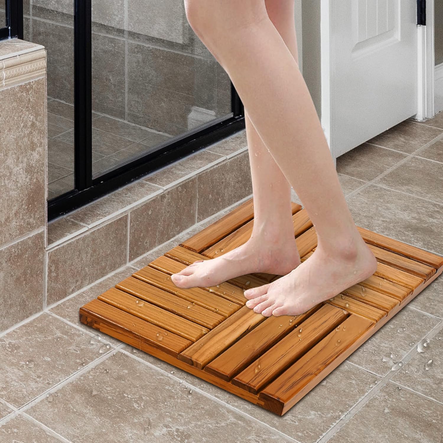 Utoplike Teak Wood Bath Mat, Wooden Shower Mat for Bathroom 24 x 16 inch Non Slip and Shower Caddy Corner, 2 Tier Bathroom Organizer Countertop Set