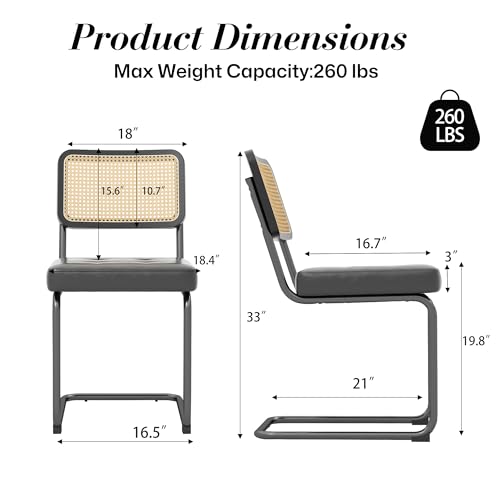 Faux Leather Dining Chairs Set of 4, Upholstered Armless Dining Room Chairs with Metal Chrome Frame, Modern Kitchen Chairs with Mesh Rattan Backrest and Plastic Footmat, Black