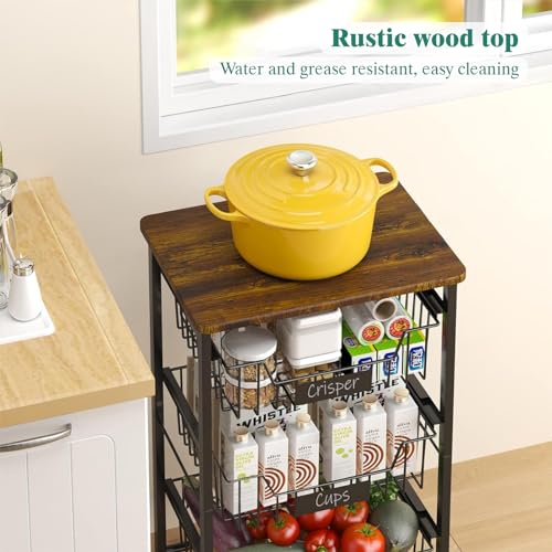 4-Tier Vegetable Fruit Basket Kitchen Storage Rolling Cart on Wheels with Pull-Out Baskets and Wood Top for Kitchen Diningroom Pantry