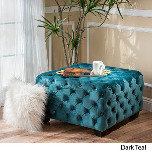 Modern Glam Button Tufted Velvet Ottoman, Dark Teal and Dark Brown