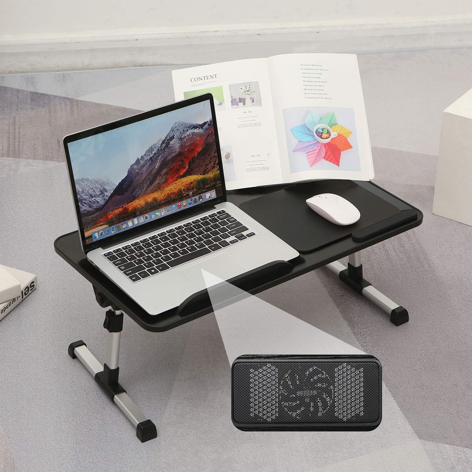 Portable Laptop Stand for Bed,Adjustable Bed Tray with USB Cooling Fan,Home Office Lap Desk,Foldable Laptop Desk with Reading Frame and Mouse Pad,Black