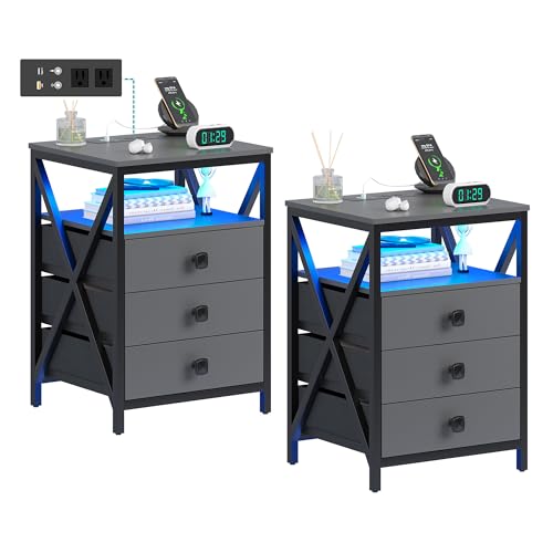 HNEBC LED End Table with Charging Station,LED Nightstand with USB Ports & Outlets, Small Night Stand with Fabric Drawers for Bedroom Living Room,Smart Bedside Table with Motion Sensor Lights(Grey)