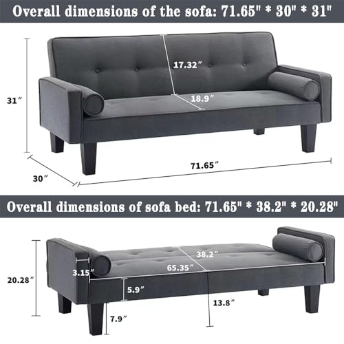 Futon Sofa Bed, Convertible Couch Bed with Armrests, Modern Living Room Linen Sofa Bed, Folding Recliner Futon Couch Sleeper Set with Solid Wood Legs (Light Grey)