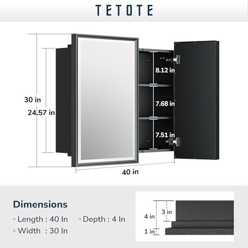 TETOTE 40x30 Inch Medicine Cabinet Silver Framed Bathroom with Mirror Aluminum Framed Surface or Recessed Wall-Mounted Medicine Cabinets Beveled Mirror with Storage 2 Door Modern Farmhouse